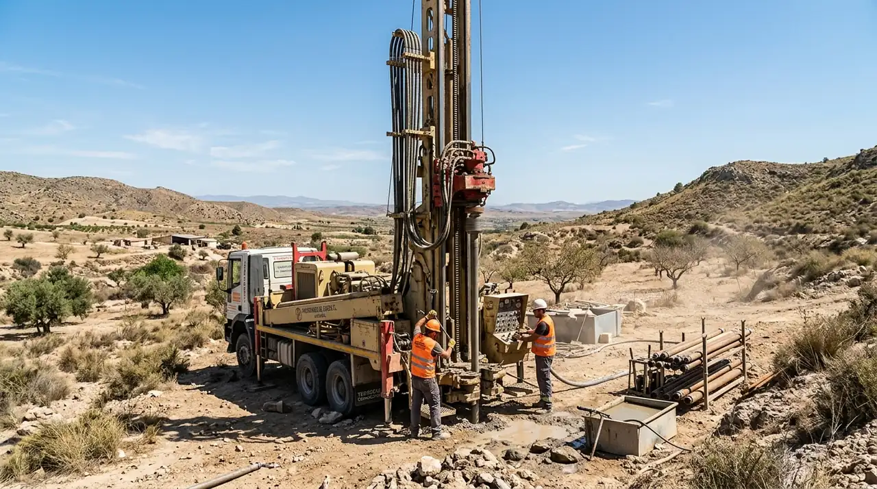 Camión de perforación de pozos de Pocero en Murcia trabajando en una finca de la Región